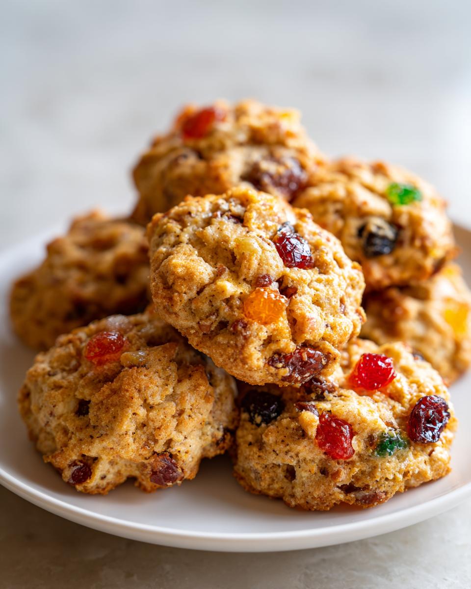 Close-up of a pile of chewy fruitcake cookies studded with colorful candied fruit and raisins.