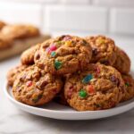 A close-up stack of chewy fruitcake cookies featuring colorful candied fruit pieces and nuts on a white plate.