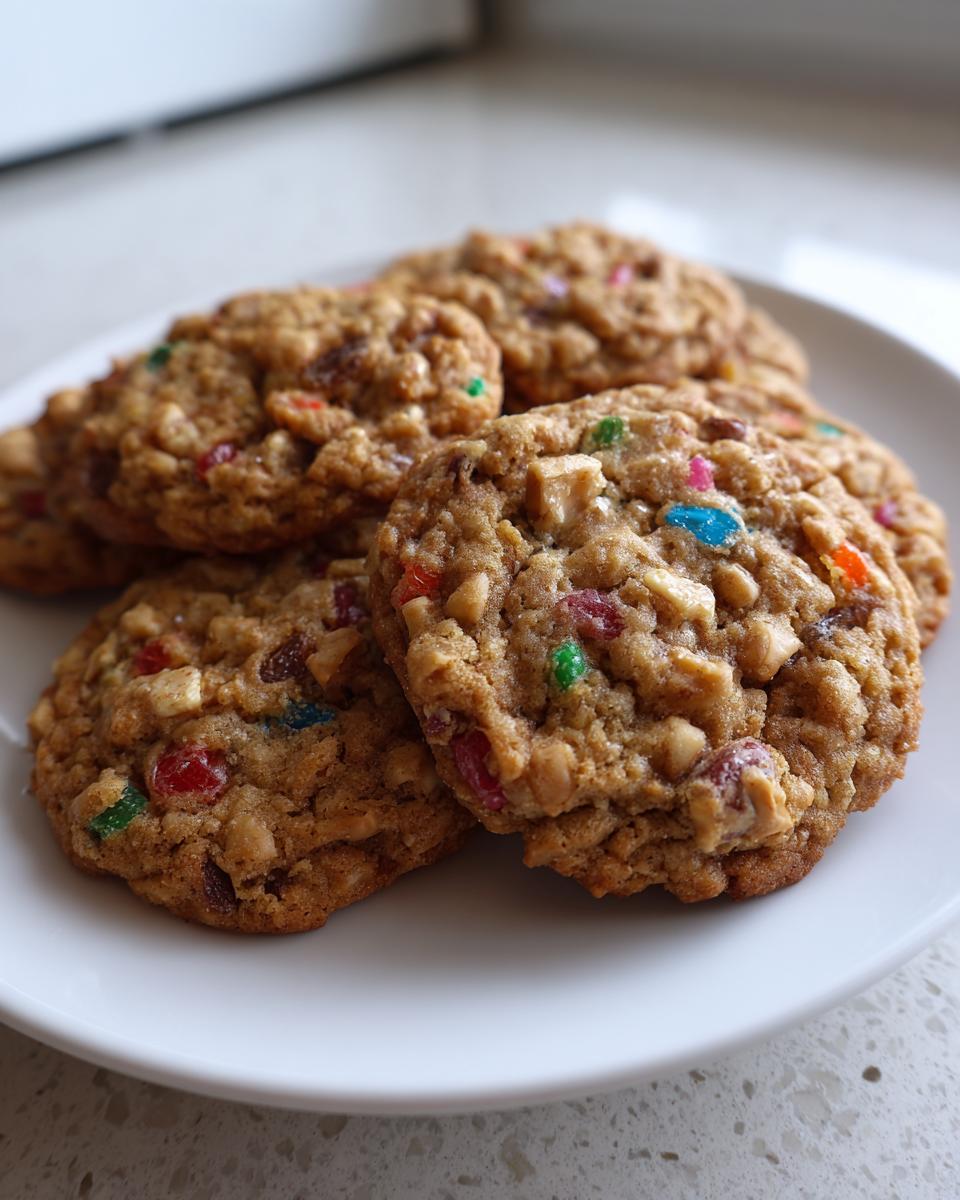 A stack of chewy fruitcake cookies loaded with candied fruit and nuts, resting on a white plate.