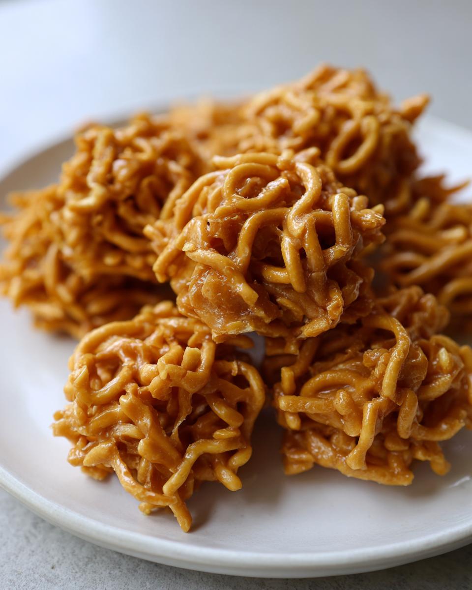 A pile of golden brown, chewy haystack cookies made with chow mein noodles on a white plate.