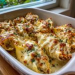 Close-up of baked chicken alfredo stuffed shells topped with browned, melted cheese and fresh parsley.