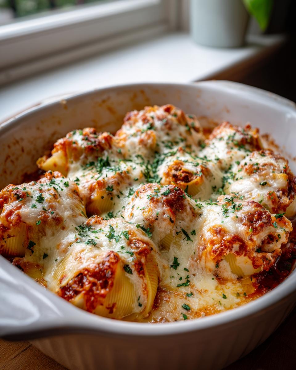 Close-up of baked chicken alfredo stuffed shells smothered in melted mozzarella and marinara sauce, topped with parsley.