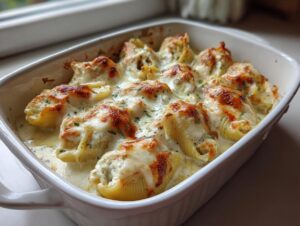 Close-up of baked chicken alfredo stuffed shells covered in melted, browned cheese and creamy sauce.
