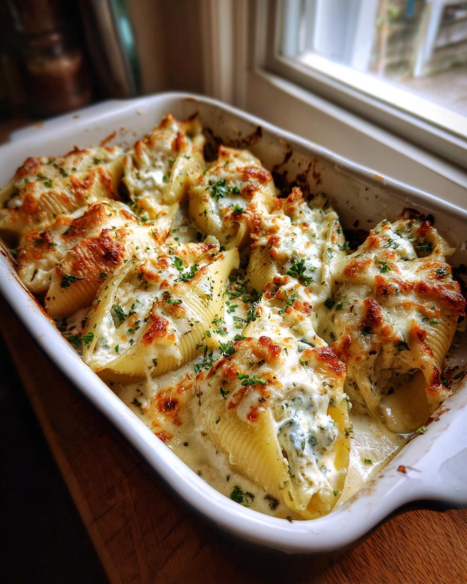 A white baking dish filled with baked chicken alfredo stuffed shells covered in melted, browned cheese and parsley.