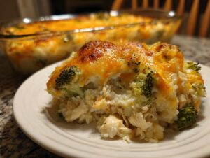 A generous serving of chicken cauliflower rice casserole topped with melted, browned cheddar cheese and broccoli florets.