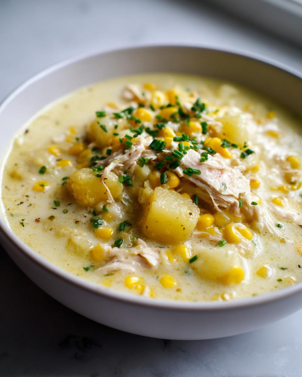 Close-up of a bowl of rich chicken corn chowder, featuring shredded chicken, potato chunks, and corn, topped with fresh chives.