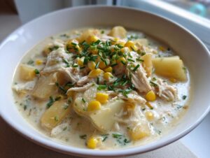 A close-up of a hearty bowl of chicken corn chowder, featuring shredded chicken, potatoes, corn, and chives.