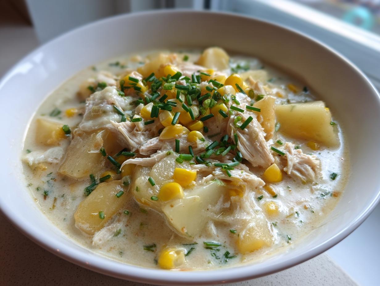 A close-up of a hearty bowl of chicken corn chowder, featuring shredded chicken, potatoes, corn, and chives.