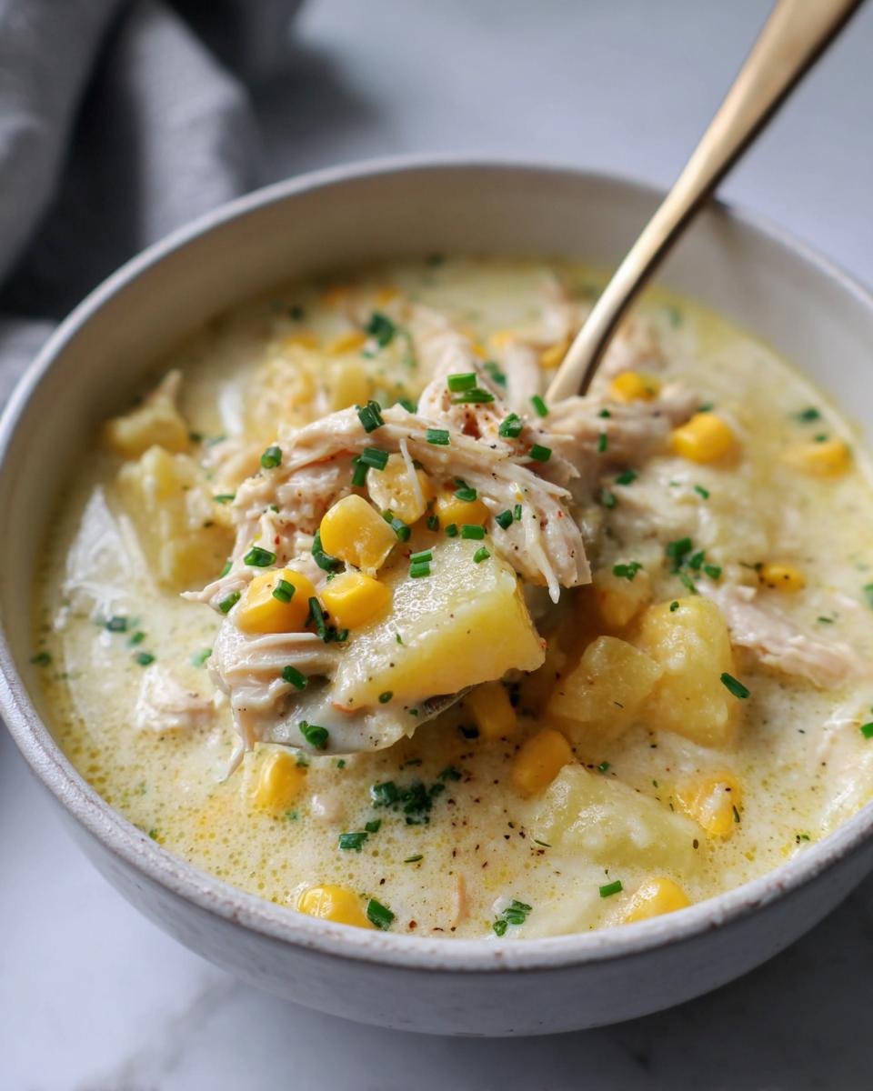 A spoonful of creamy chicken corn chowder, featuring shredded chicken, potatoes, and corn, garnished with chives.
