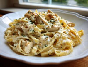Close-up of a generous serving of creamy chicken fettuccine alfredo garnished with parsley on a white plate.