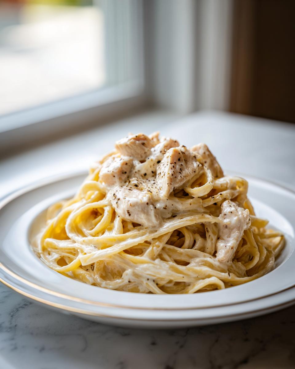A close-up of a serving of rich chicken fettuccine alfredo pasta topped with black pepper.