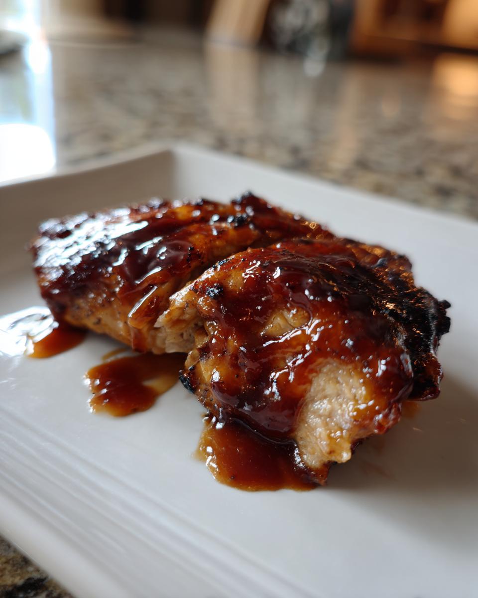 Close-up of grilled chicken pieces generously coated in thick, glossy homemade teriyaki sauce on a white plate.