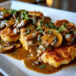 Close-up of golden, breaded chicken marsala smothered in rich brown mushroom sauce and fresh thyme.