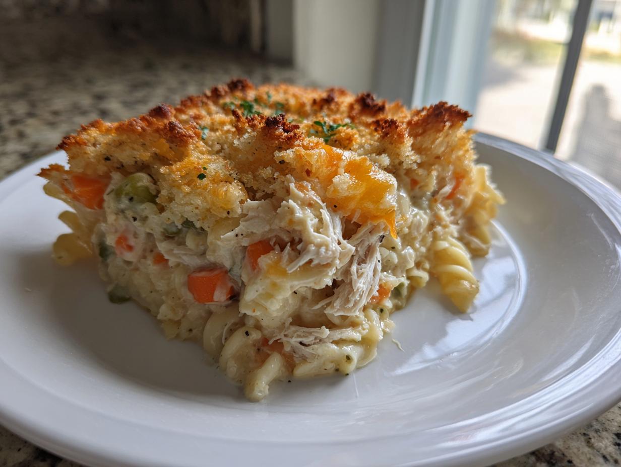 A close-up serving of creamy chicken noodle casserole with a crispy breadcrumb topping on a white plate.