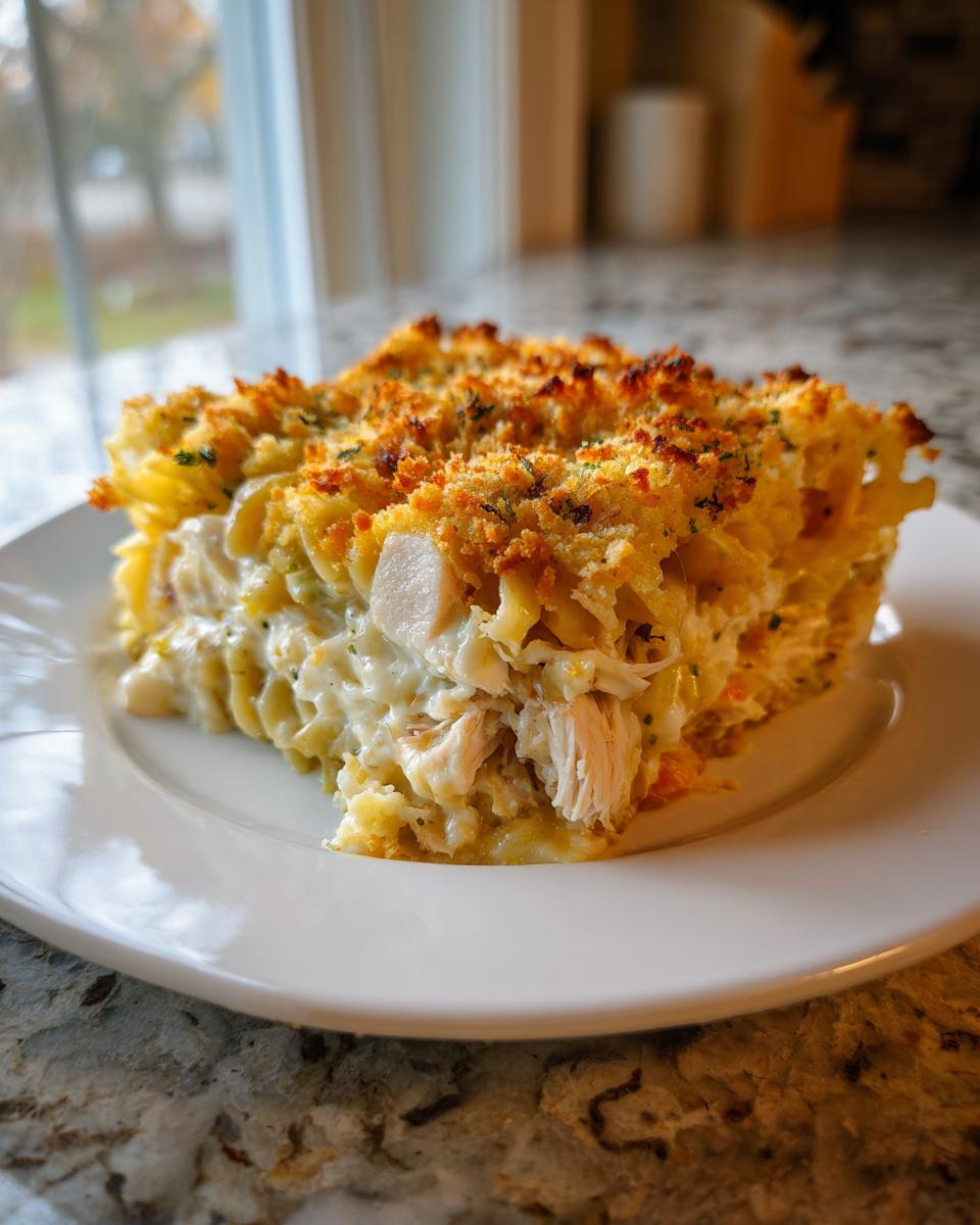 A generous slice of creamy chicken noodle casserole topped with golden, crunchy breadcrumbs, served on a white plate.