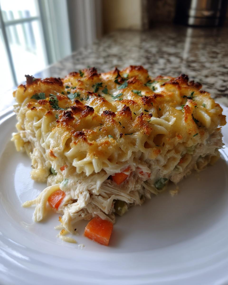 A generous slice of creamy chicken noodle casserole with shredded chicken, carrots, and a crispy, golden-brown cheese topping.
