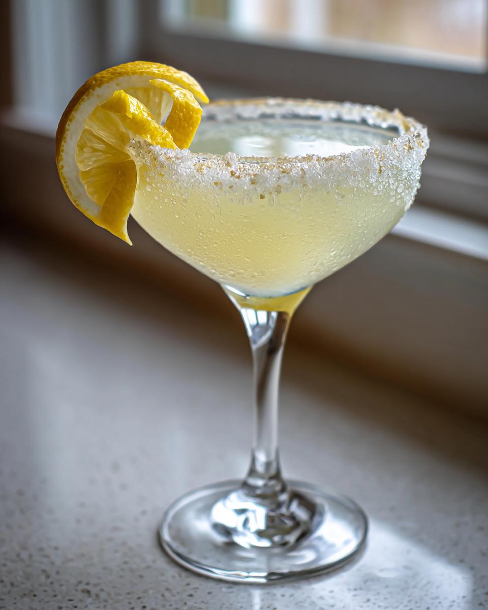 Close-up of a chilled Lemon Drop cocktail in a coupe glass with a thick sugar rim and lemon twist garnish.
