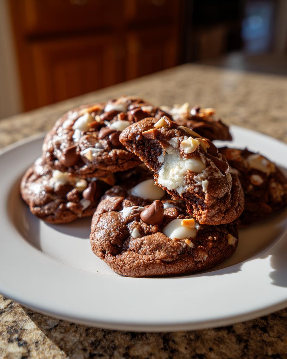A stack of rich, dark chocolate almond joy cookies piled on a white plate, showing a gooey coconut filling in the broken cookie.