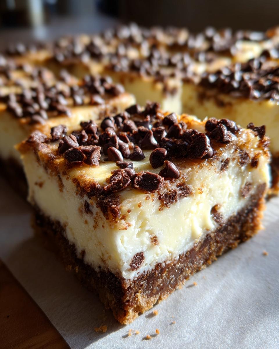A close-up view of a rich chocolate chip cheesecake bar slice showing the creamy filling and chocolate chip topping.