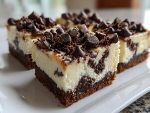Close-up of rich chocolate chip cheesecake bars with a brownie base, topped generously with chocolate chips.