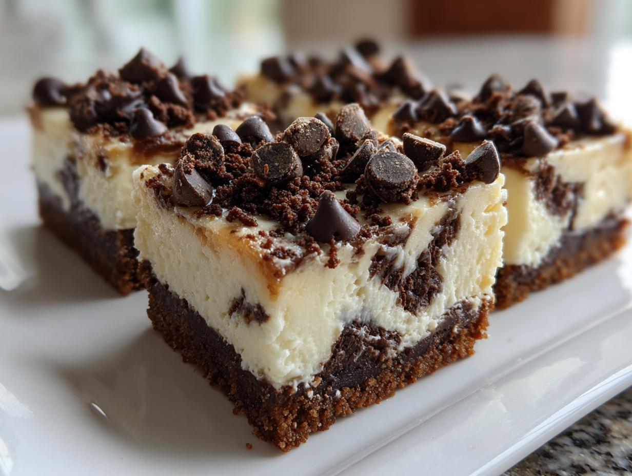 Close-up of rich chocolate chip cheesecake bars with a brownie base, topped generously with chocolate chips.