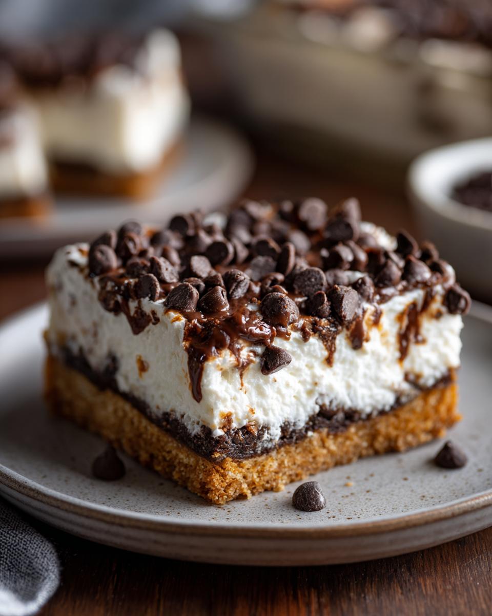A close-up of a square slice of chocolate chip cheesecake with a thick graham cracker crust, creamy filling, and generous chocolate chips.