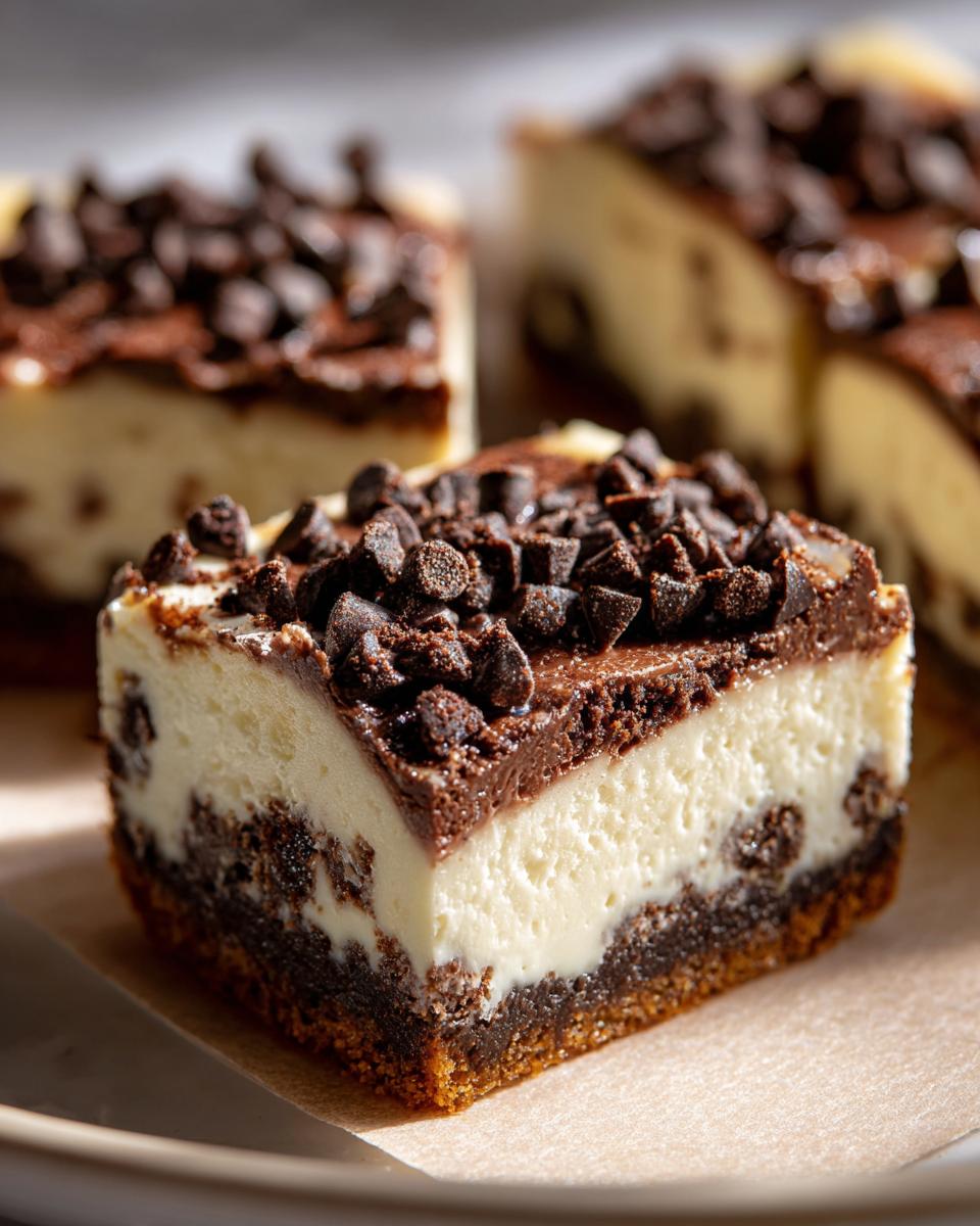 Close-up of a rich chocolate chip cheesecake bar showing layers of crust, creamy filling, and chocolate topping with chips.