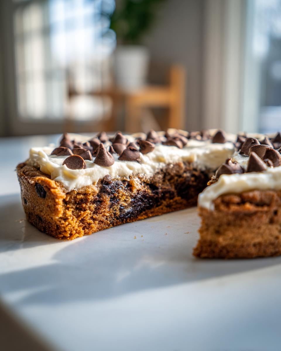 Close-up of a thick chocolate chip cookie cake recipe slice topped with white frosting and chocolate chips.