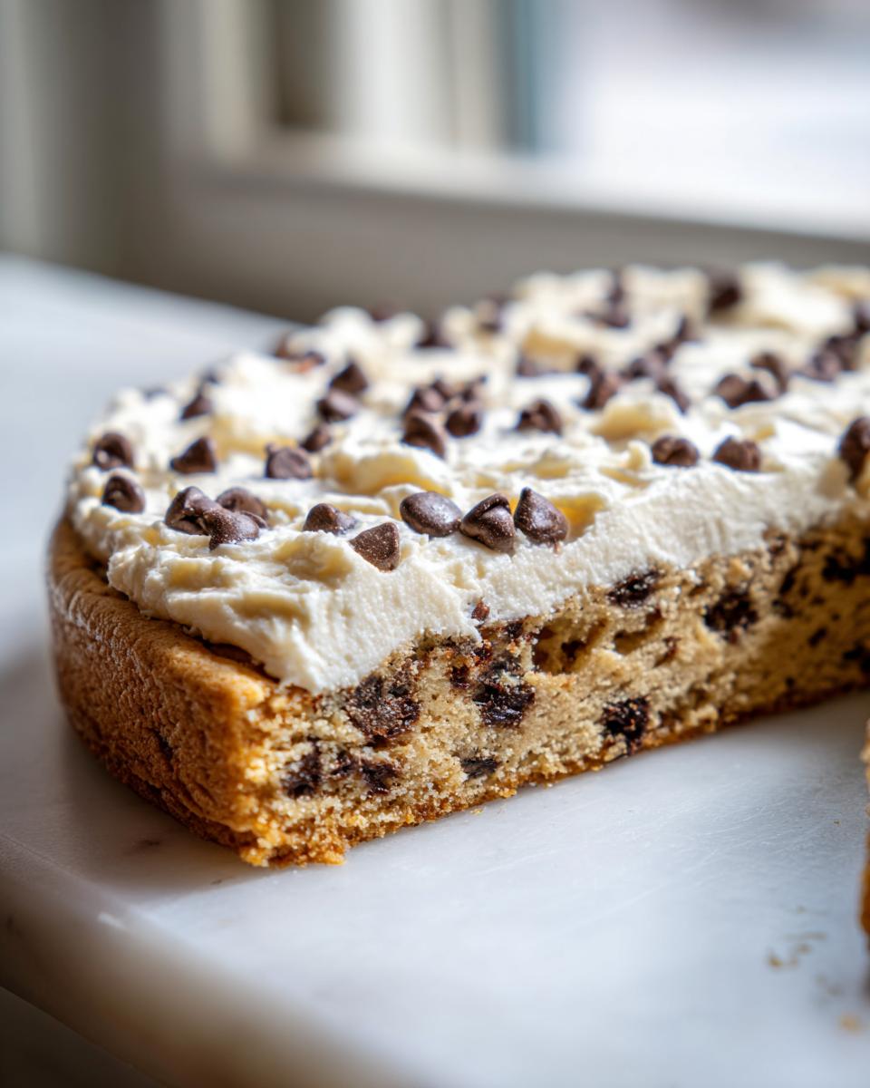 Close-up of a thick slice of chocolate chip cookie cake recipe topped with white frosting and mini chocolate chips.