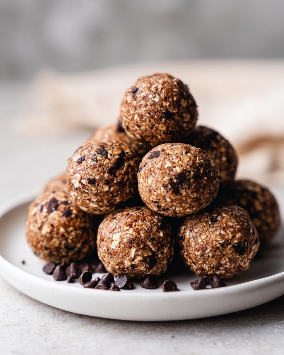 A stack of homemade chocolate chip protein balls piled high on a light plate, with loose chips scattered below.