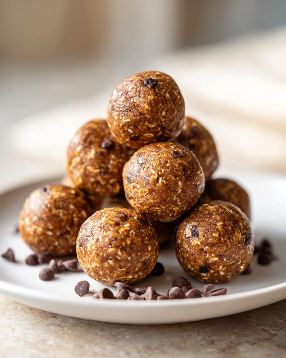 A close-up stack of homemade chocolate chip protein balls resting on a white plate scattered with mini chocolate chips.