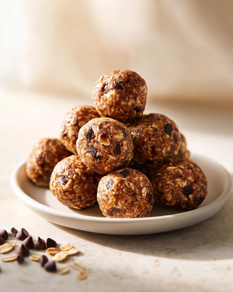 A stack of homemade chocolate chip protein balls made with oats, resting on a small white plate.
