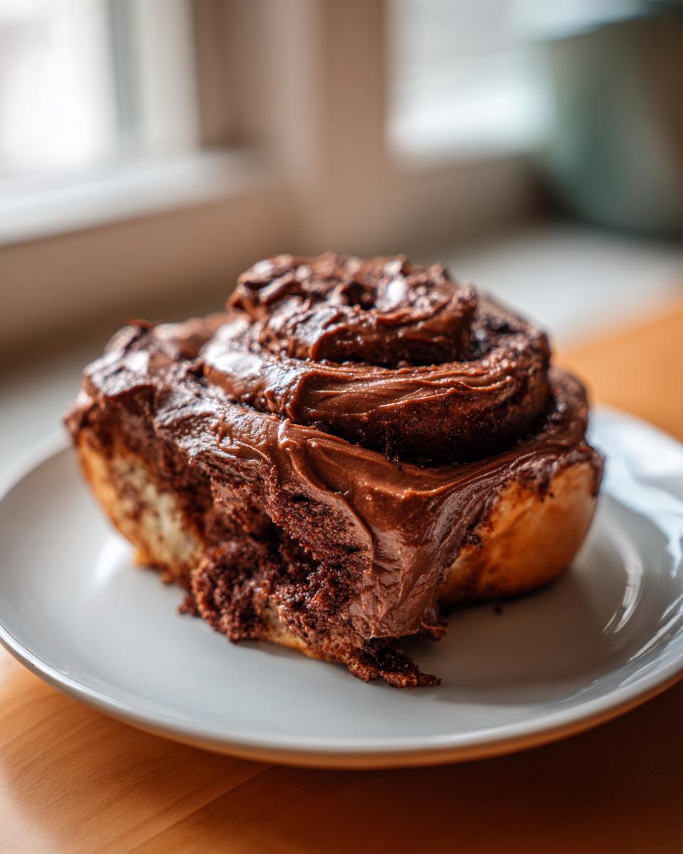 Close-up of a rich chocolate cinnamon roll topped with thick, dark chocolate frosting, served on a white plate.