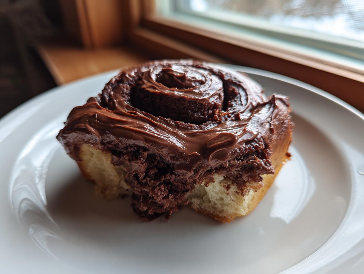 Close-up of a single, fluffy chocolate cinnamon roll generously topped with rich chocolate frosting, sitting on a white plate.