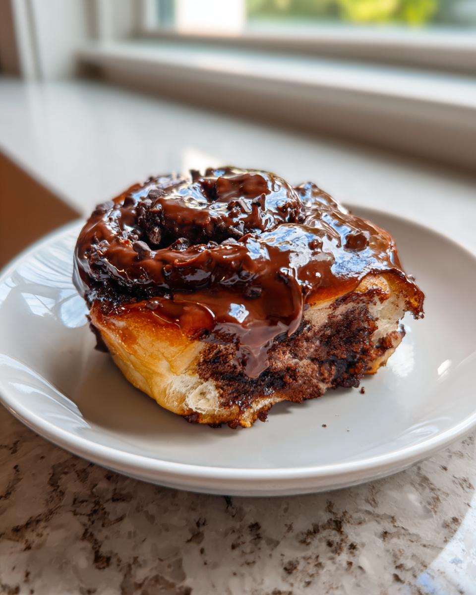 A single, decadent chocolate cinnamon roll covered in glossy chocolate glaze and chips, sitting on a white plate.