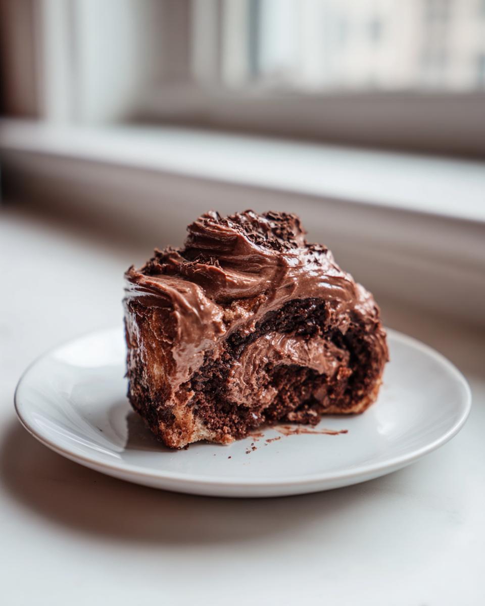 A single, decadent chocolate cinnamon roll slice with thick chocolate frosting and sprinkles on a white plate.