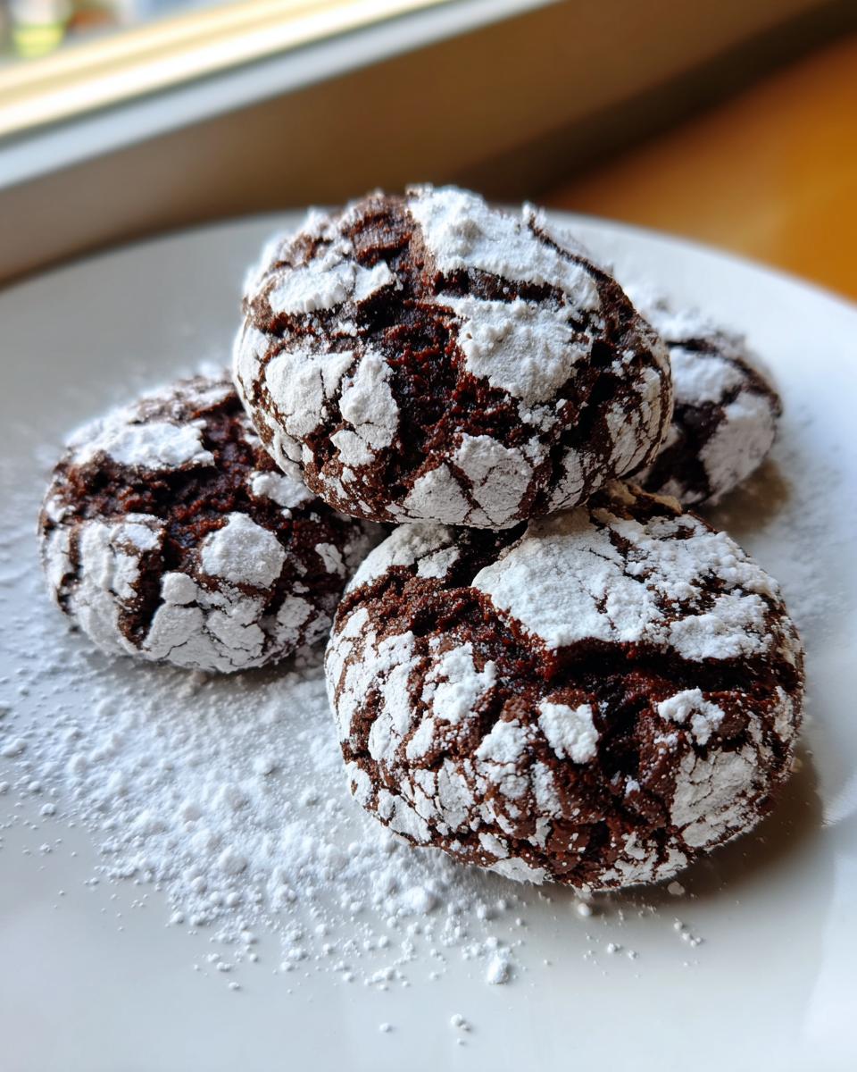 A close-up of four rich, dark chocolate crinkle cookies heavily coated in white powdered sugar on a white plate.