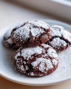 Close-up of rich, dark chocolate crinkle cookies heavily dusted with powdered sugar on a white plate.