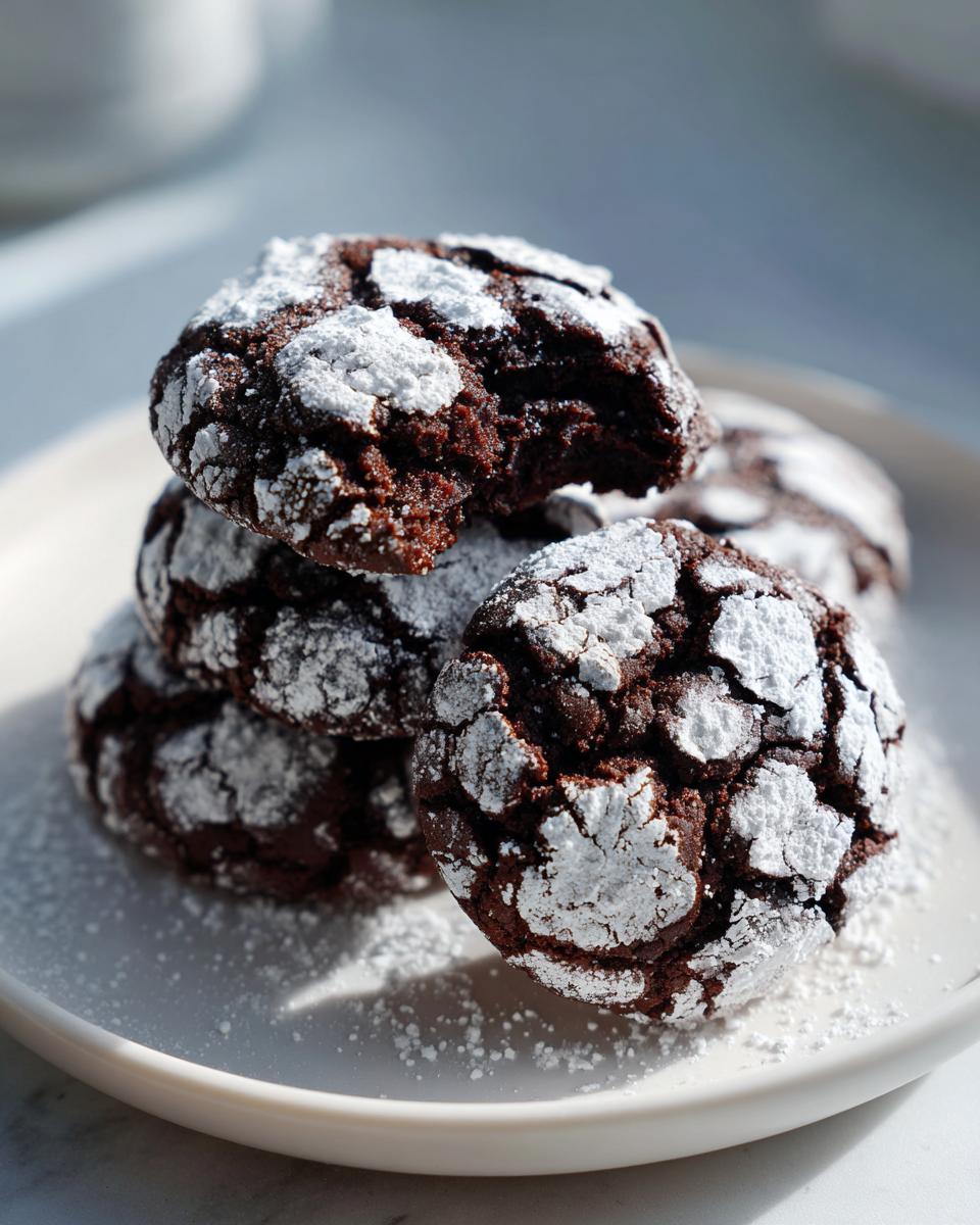A stack of rich, dark chocolate crinkle cookies heavily dusted with powdered sugar on a white plate.