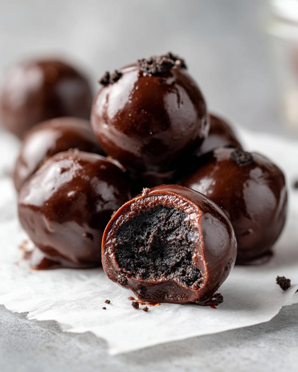 A pile of rich, chocolate-dipped Oreo balls, with one cut open showing the dark, dense filling.