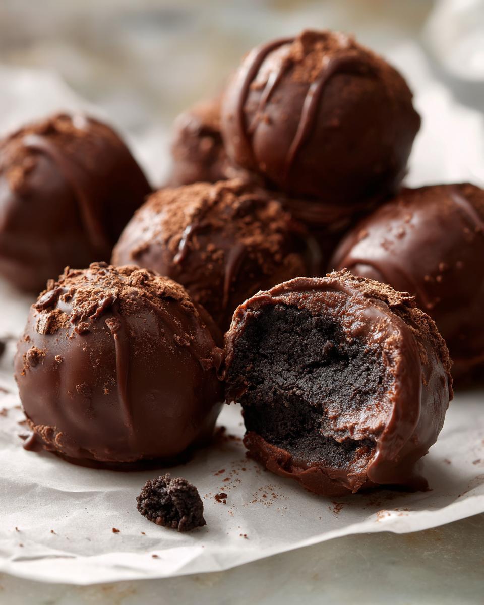 A close-up of several rich, chocolate-dipped oreo balls, with one cut open revealing the dark, dense filling.