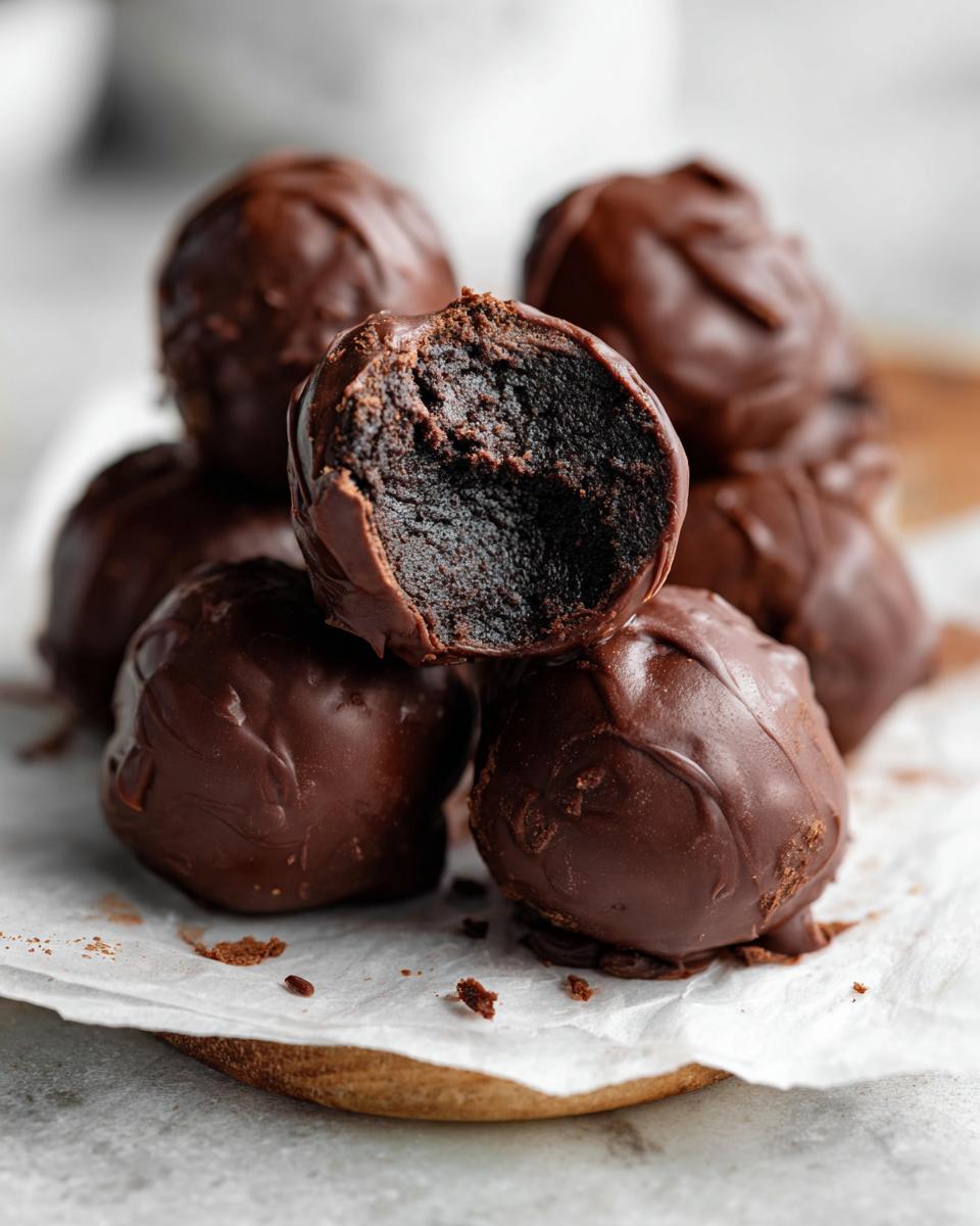 A stack of rich, chocolate-covered Oreo balls, with one cut in half revealing the dark, dense filling.