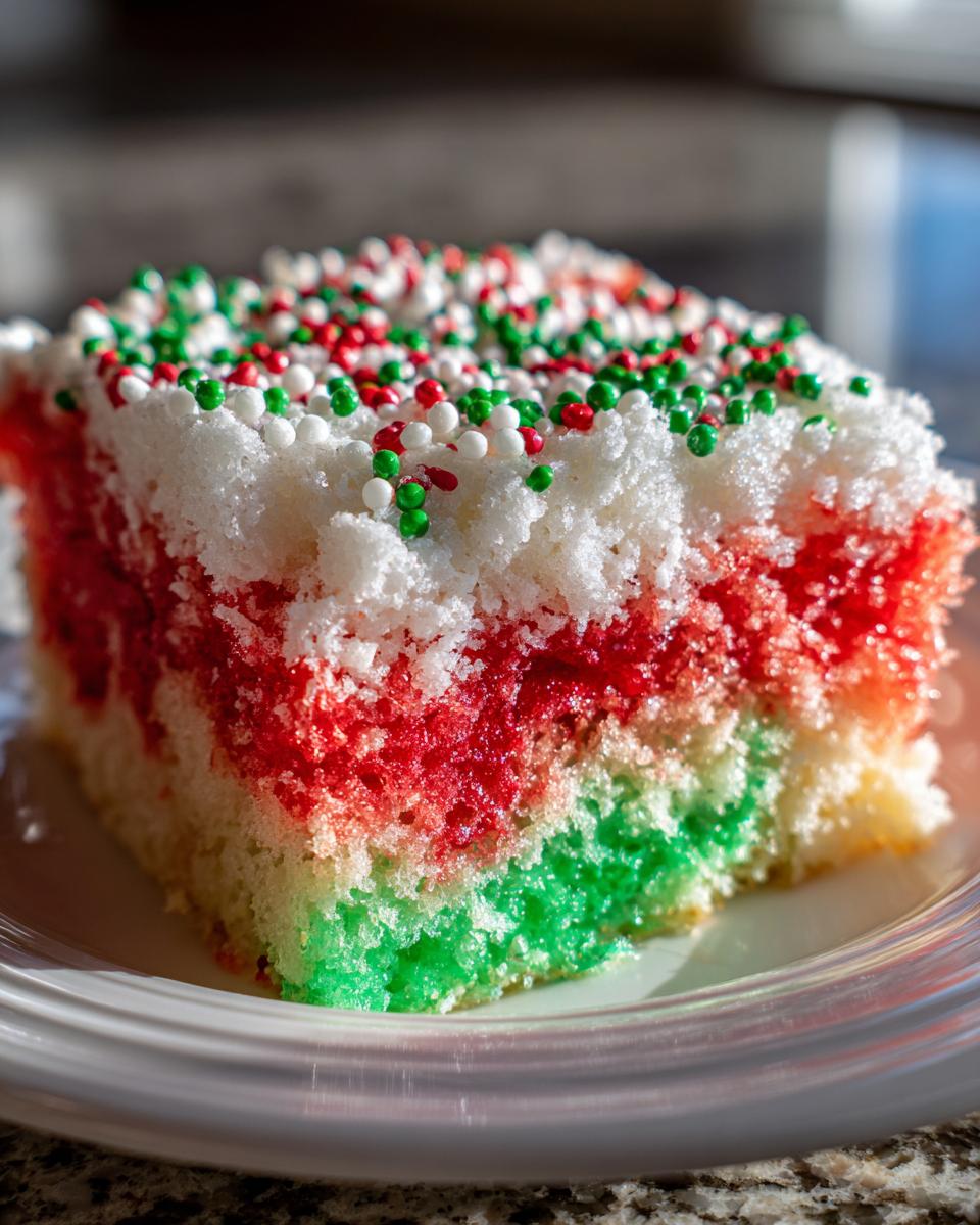 A moist slice of Christmas poke cake showing distinct red, white, and green layers, topped with white frosting and festive sprinkles.
