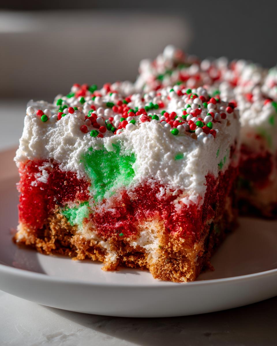 Close-up of a moist slice of Christmas poke cake showing red and green colors soaked in gelatin, topped with white frosting and holiday sprinkles.