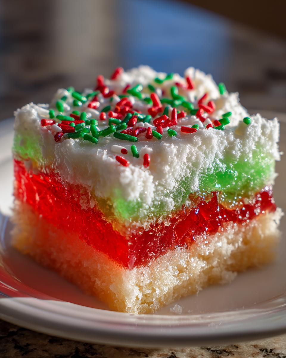 A close-up of a slice of Christmas poke cake showing layers of white cake, red and green gelatin, and white frosting with sprinkles.