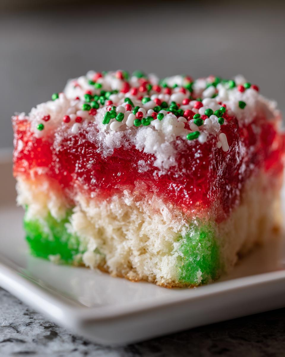 Close-up of a slice of Christmas poke cake showing red gelatin topping and green/white cake base.