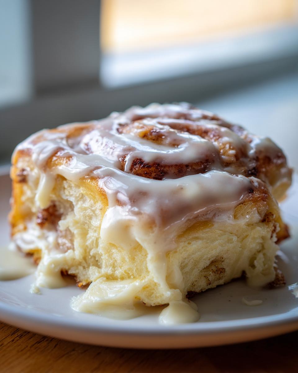 A single, fluffy cinnamon roll generously topped with thick, dripping white icing, perfect for cinnamon rolls with heavy cream recipes.