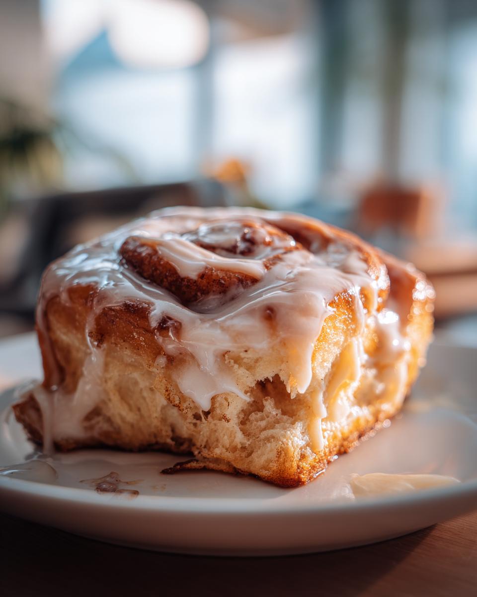 Close-up of a fluffy cinnamon roll generously topped with dripping white glaze, perfect for cinnamon rolls with heavy cream recipes.