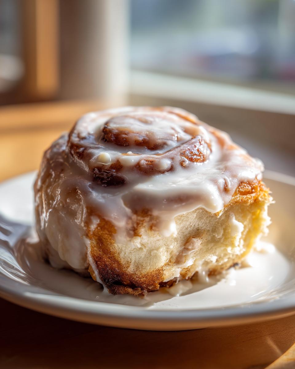 A close-up of a single, freshly baked cinnamon roll with thick white icing, likely made with heavy cream.