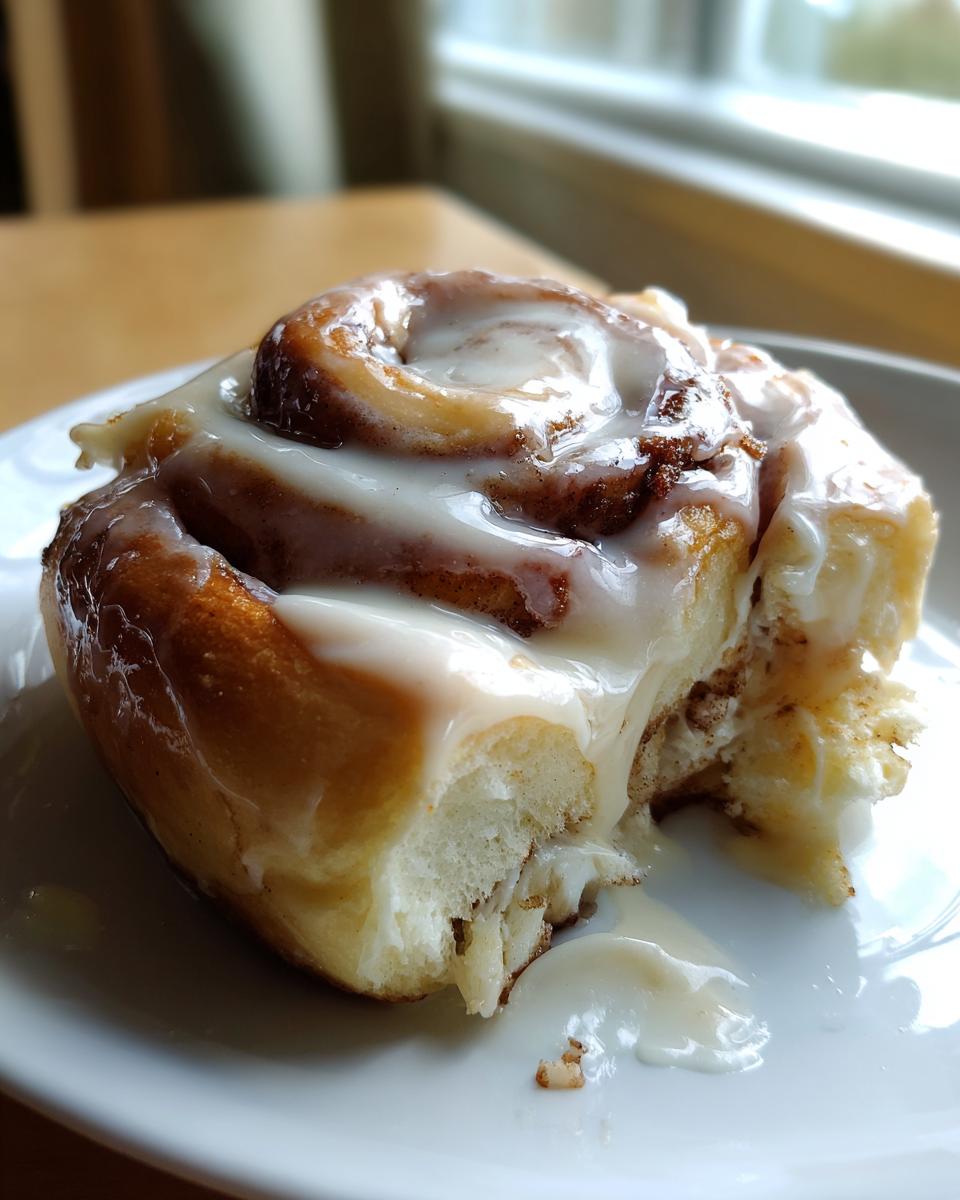 A close-up of a soft, gooey cinnamon roll with heavy cream icing dripping onto a white plate.
